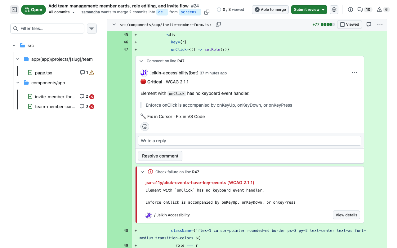 Jeikin accessibility comment directly in the code of a pull request on GitHub
