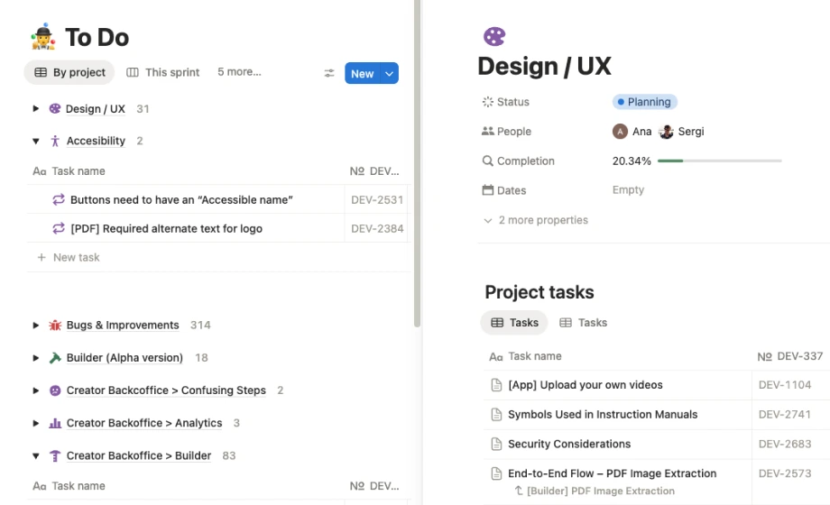 To-do list of a project in Notion